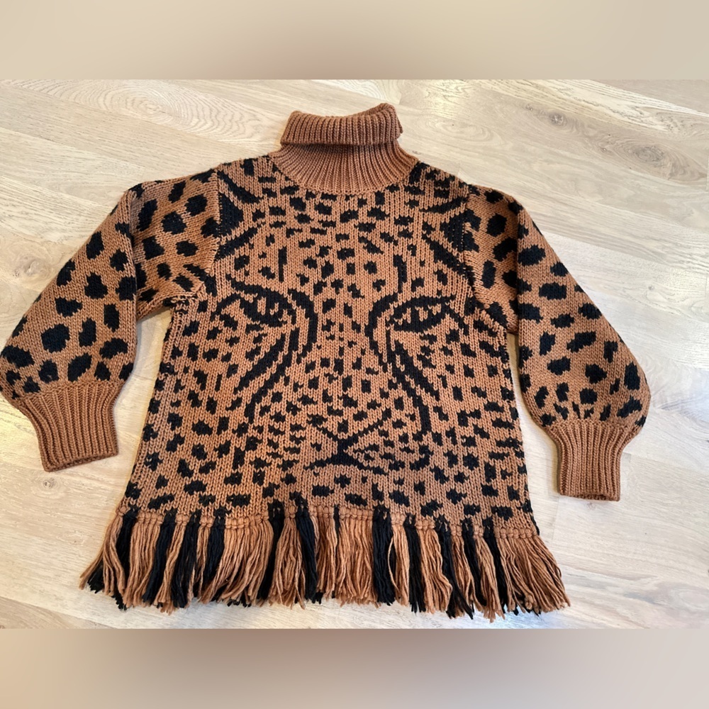 Farm Rio Midnight leopard print sweater pullover fringe caramel black size small